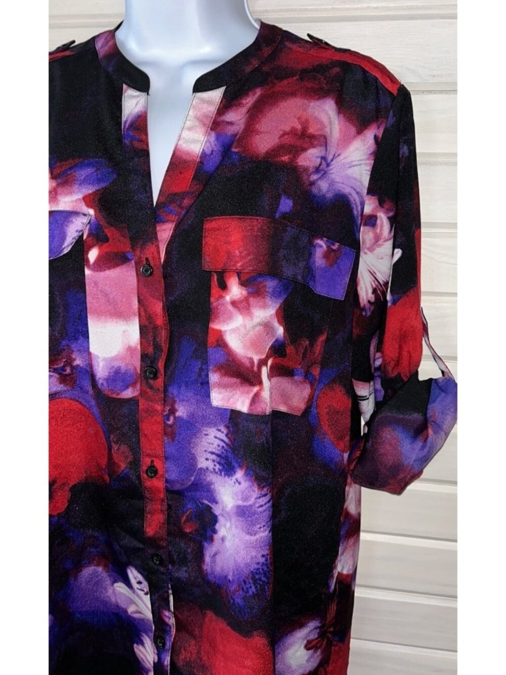 Calvin Klein MEDIUM Red Purple Black Watercolor Floral Tunic Roll Tab Slvs EUC